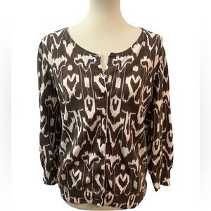 Talbots Brown and White Silk Blend Ikat Patterned Women's Cardigan Sweater XL